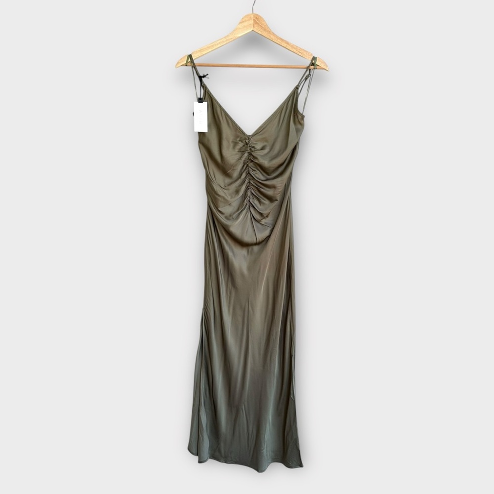 NWT ASTR The Label Valinda Silky Satin Dress in‎ Olive, size XS